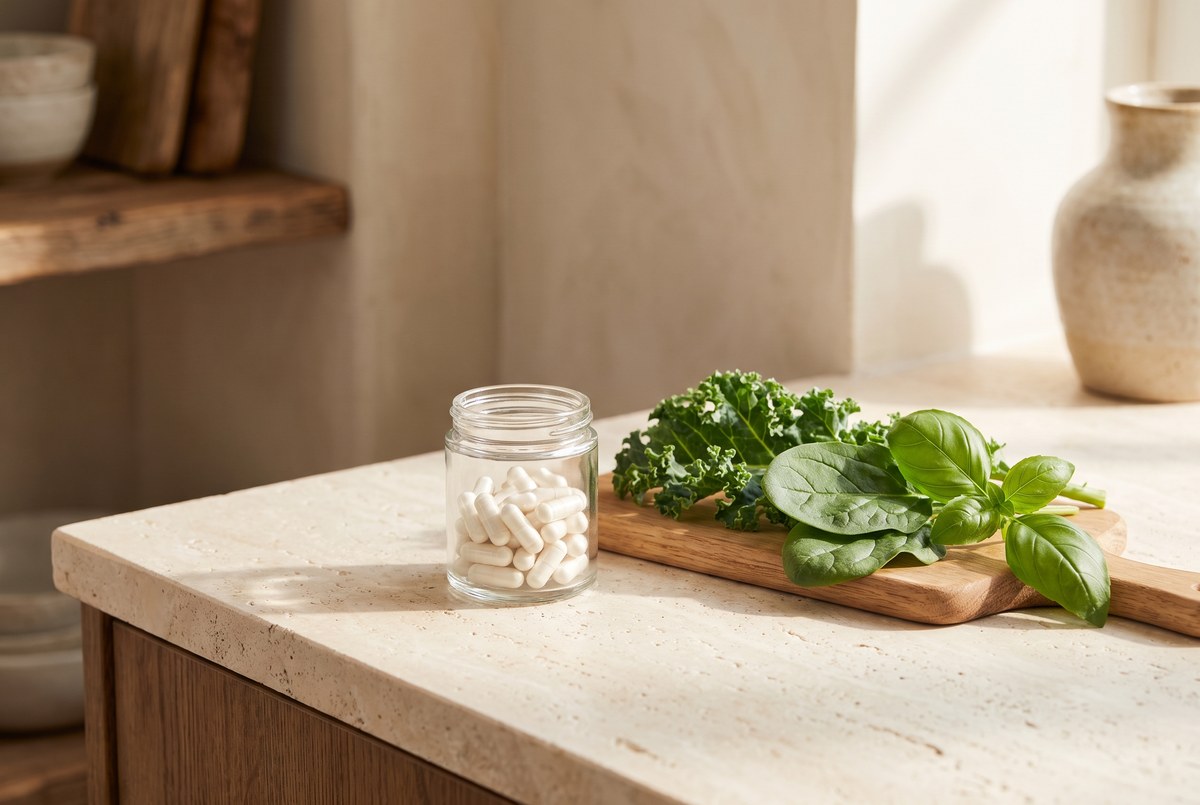 A small glass jar of white capsules resting on a stone counter beside a few joint-friendly leafy greens, soft warm light, photographed for Magellan Longevity's review of sulfur in a capsule: the loud world of msm and the quiet trials behind it.