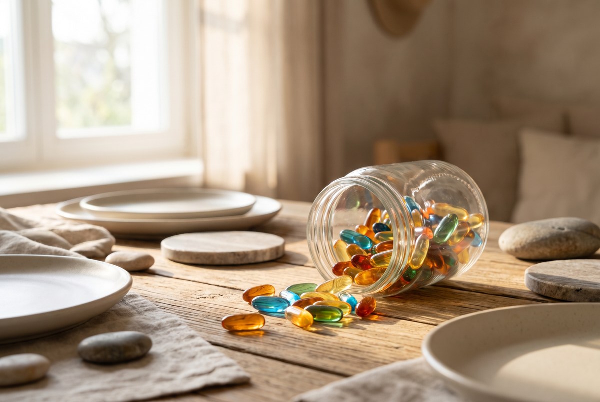 An assortment of colorful capsules spilling gently from a tipped glass jar onto a wooden table, soft warm morning light, photographed for Magellan Longevity's review of multivitamins, memory, and mortality: two different evidence stories.