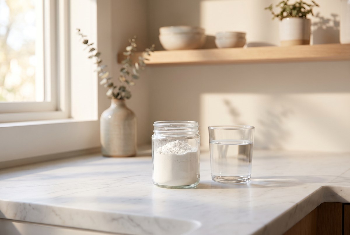 A small glass jar of fine white powder beside a glass of water on a sunlit marble counter, calm clean composition, photographed for Magellan Longevity's review of the sugar the pcos internet swears by — and what the guidelines actually found.