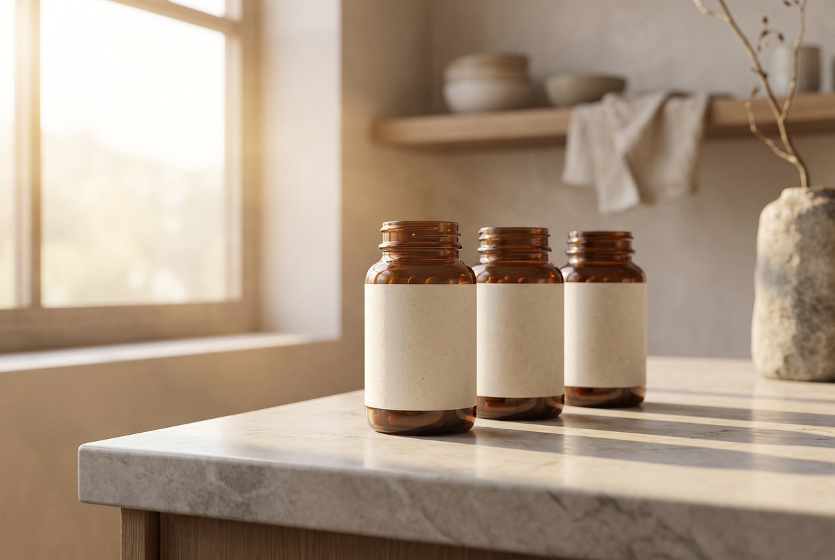 Three small amber glass supplement bottles with blank labels arranged in a row on a marble counter, soft warm sunlight, photographed for Magellan Longevity's review of the stack: why we combine molecules against time, and what the evidence allows.