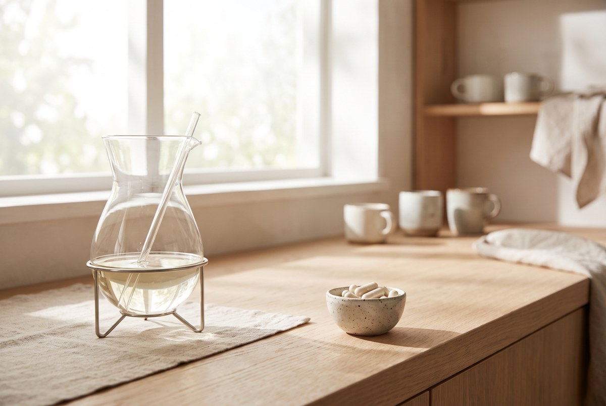 A sunlit kitchen counter with an IV drip element beside a dish of capsules, photographed for Magellan Longevity's evidence review of NAD IV therapy versus NR and NMN.