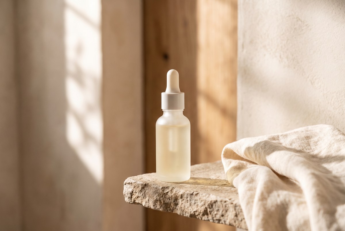 A matte glass dropper bottle of pale serum resting on a stone bathroom shelf beside a soft folded towel, calm morning light, photographed for Magellan Longevity's review of niacinamide at 4 percent: what the split-face trials actually show.