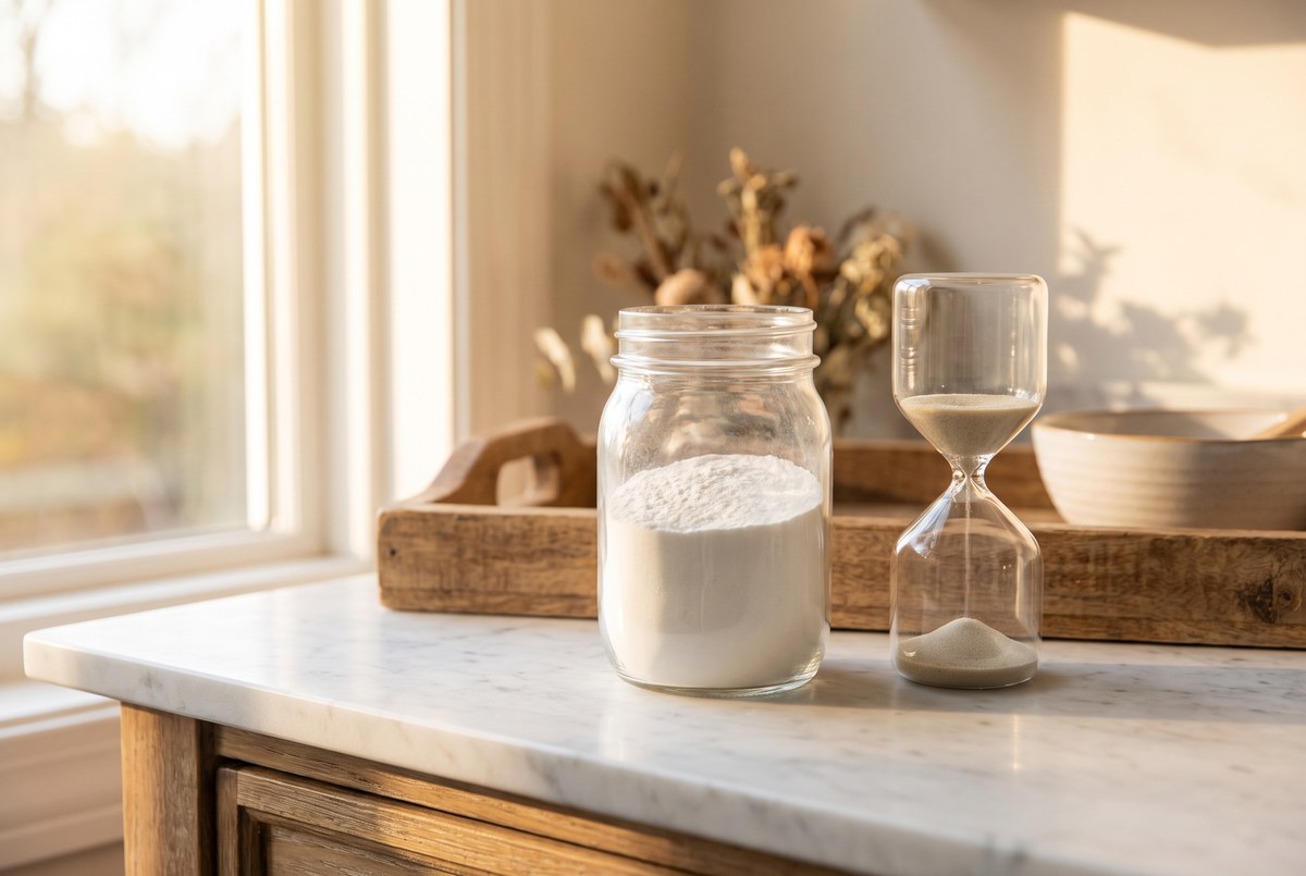A glass jar of fine white powder resting on a marble counter beside an hourglass, soft warm morning light, photographed for Magellan Longevity's review of nmn and the nad+ chase: what the human trials actually show.