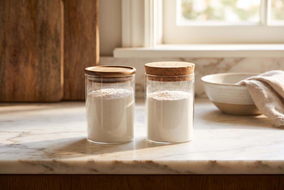 Two glass jars of fine white powder standing side by side on a marble counter, soft warm light comparing them gently, photographed for Magellan Longevity's review of nmn vs. nr: what the human trials actually show about nad+ boosters.