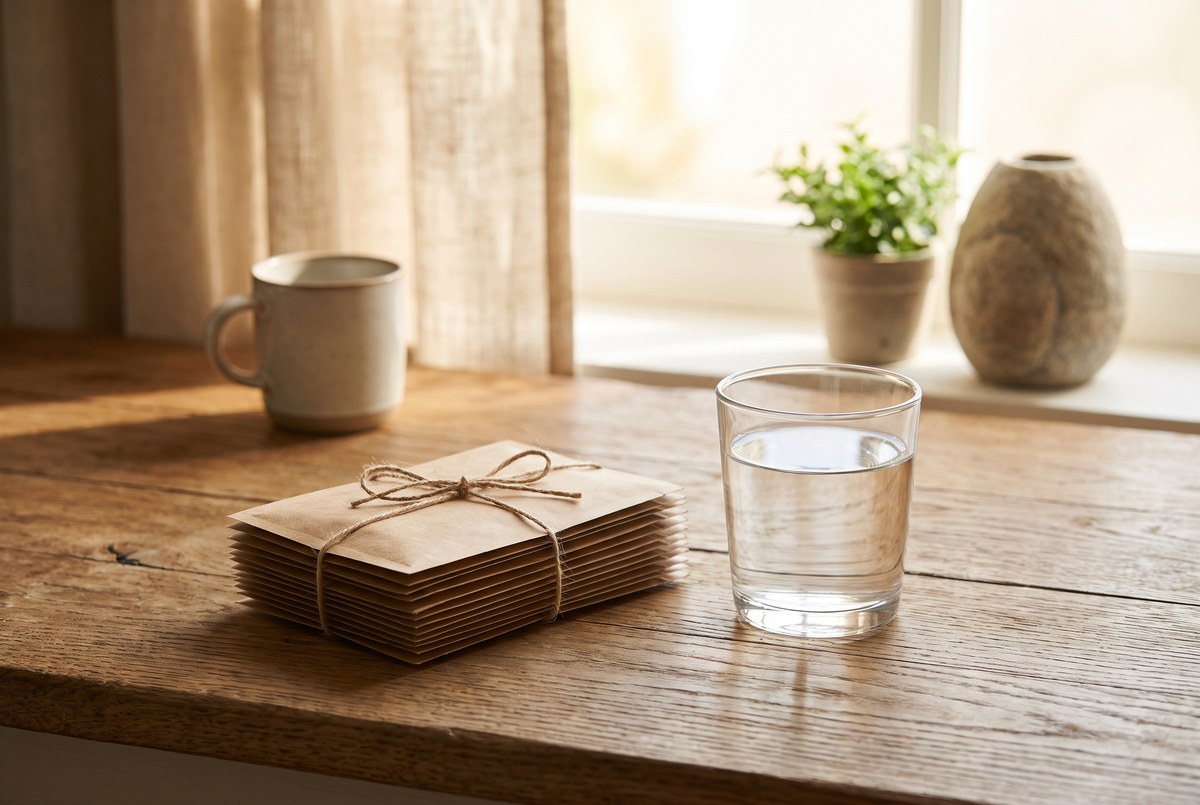 A neat stack of plain kraft-paper sachets beside a glass of water on a wooden counter, soft warm daylight, photographed for Magellan Longevity's review of novos core: a look at the science behind its ingredients.