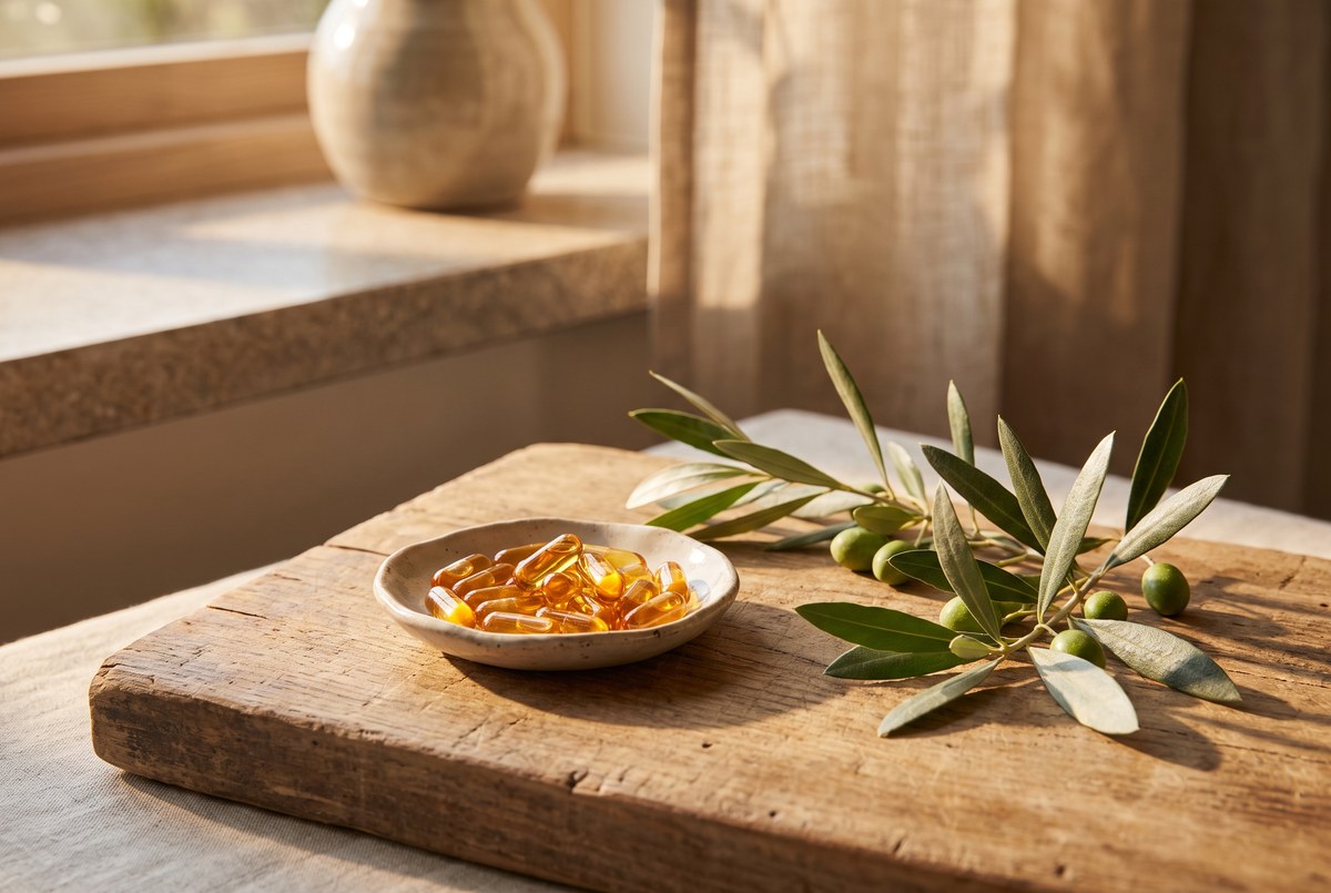 Fresh olive branches with leaves beside a small dish of amber capsules on a rustic wooden board, warm Mediterranean sunlight, photographed for Magellan Longevity's review of what the olive tree's leaves actually promise, itemized.