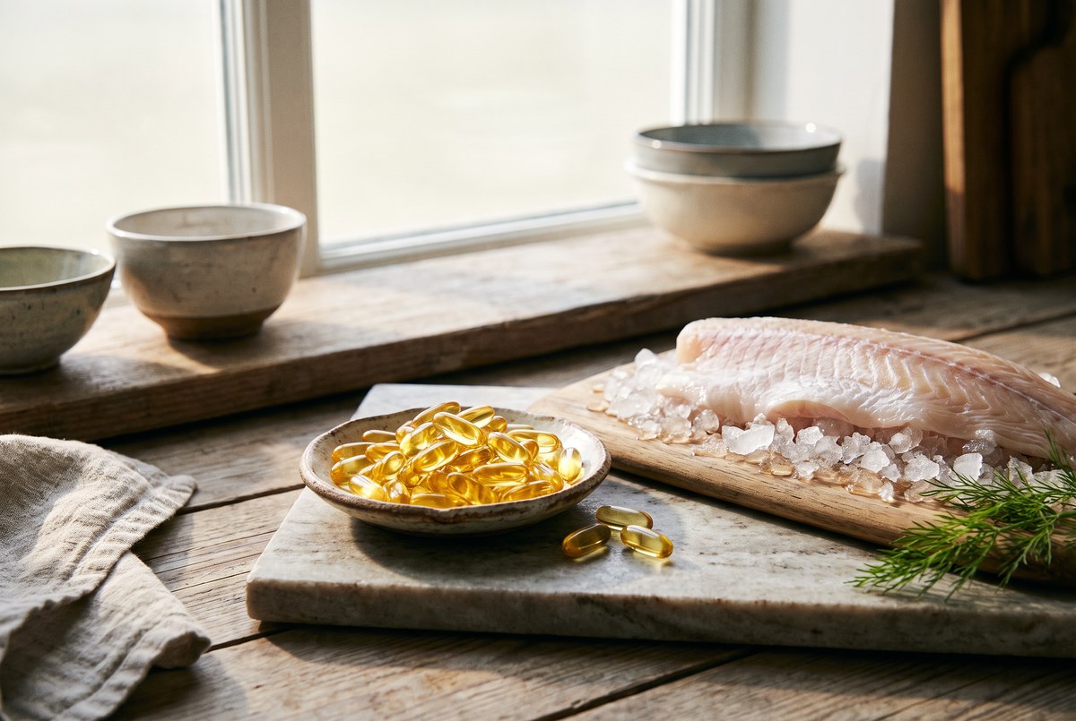A small dish of golden fish-oil softgel capsules beside a fresh fish fillet on ice, cool clean natural light, photographed for Magellan Longevity's review of an inventory of fish oil: four grams, one gram, and a capsule of corn oil.
