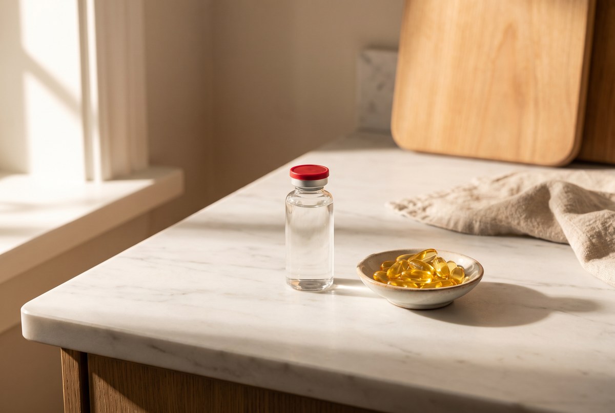 A glass blood-sample vial resting beside a small dish of golden fish-oil capsules on a marble counter, warm sunlight, photographed for Magellan Longevity's review of a number in your red blood cells: the omega-3 index and the gap between association and proof.