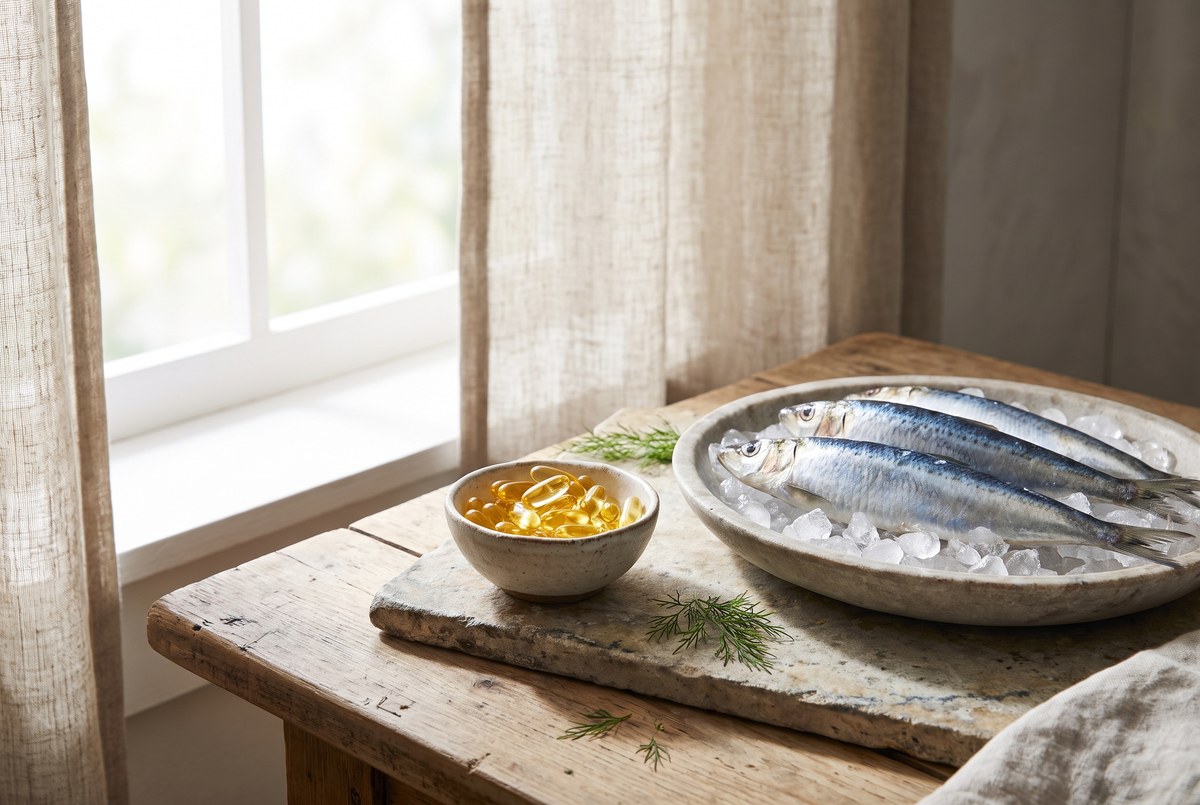 A small dish of golden fish-oil softgel capsules beside a few fresh sardines on ice, cool clean morning light, photographed for Magellan Longevity's review of omega-3 and aging: what the best trials actually show.