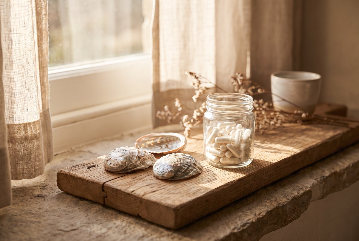 A small glass jar of white capsules resting beside a few shellfish shells on a rustic wooden board, soft warm light, photographed for Magellan Longevity's review of two cartilage pills walk into a courtroom of trials.