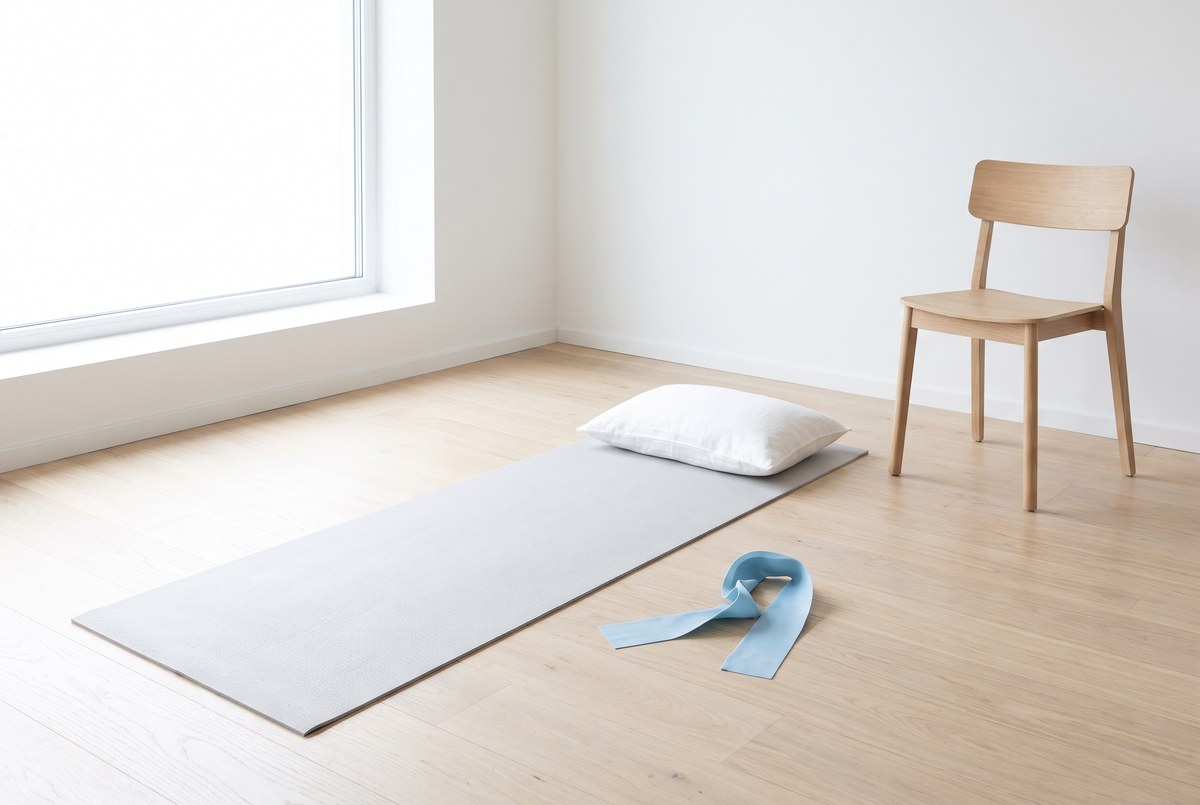A bright, high-key physiotherapy studio in morning daylight: a light-grey exercise mat on a pale wooden floor with a single white pillow on it, a pale-blue elastic exercise band lying in a loose loop beside it and a simple light-wood chair nearby for support, photographed for Magellan Longevity’s review of the exercise trials in greater trochanteric pain syndrome (gluteal tendinopathy).