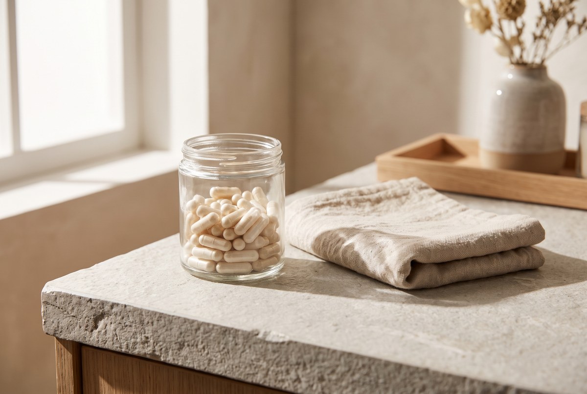 A small glass jar of pale capsules resting on a stone counter beside a folded warm compress, calm soft light, photographed for Magellan Longevity's review of the body's own pain molecule, bottled: pea's promising, uneven trial record.
