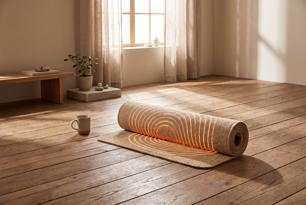 A rolled therapy mat with a soft glowing coil pattern resting on a wooden yoga studio floor, warm sunlight through a window, calm wellness scene, photographed for Magellan Longevity's review of the mat that hums: a skeptic's honest guide to pemf.