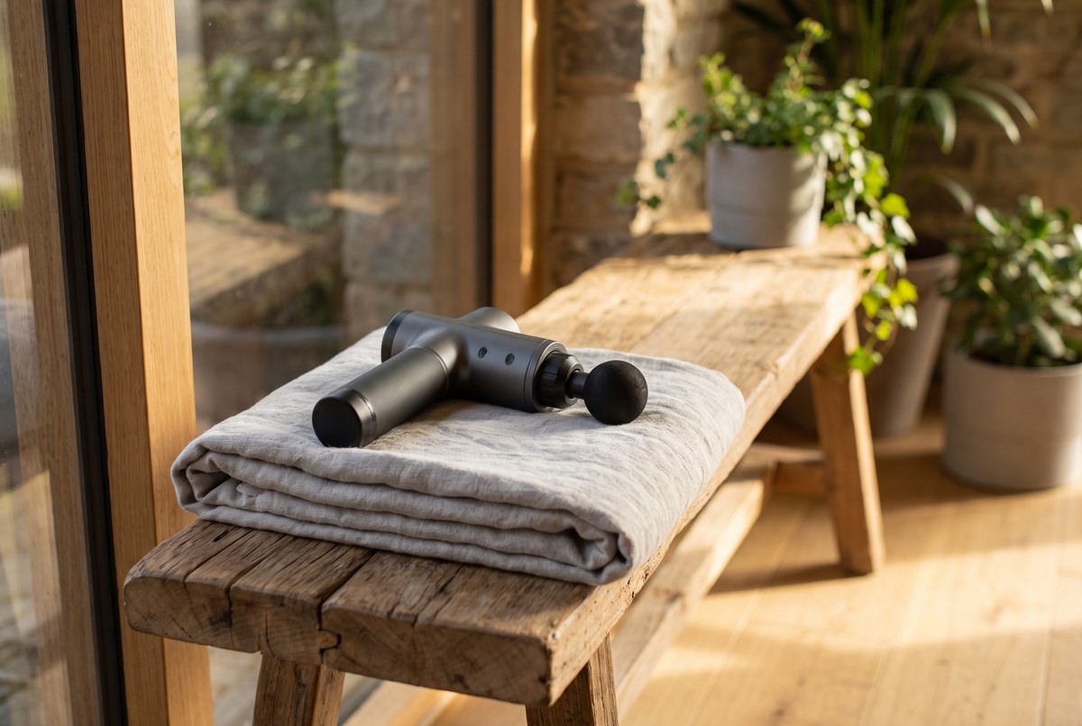 A modern unbranded percussive massage device resting on a folded gray towel on a wooden bench, warm gym-adjacent sunlight, photographed for Magellan Longevity's review of forty pulses a second: an inventory of what the massage gun does and does not do.
