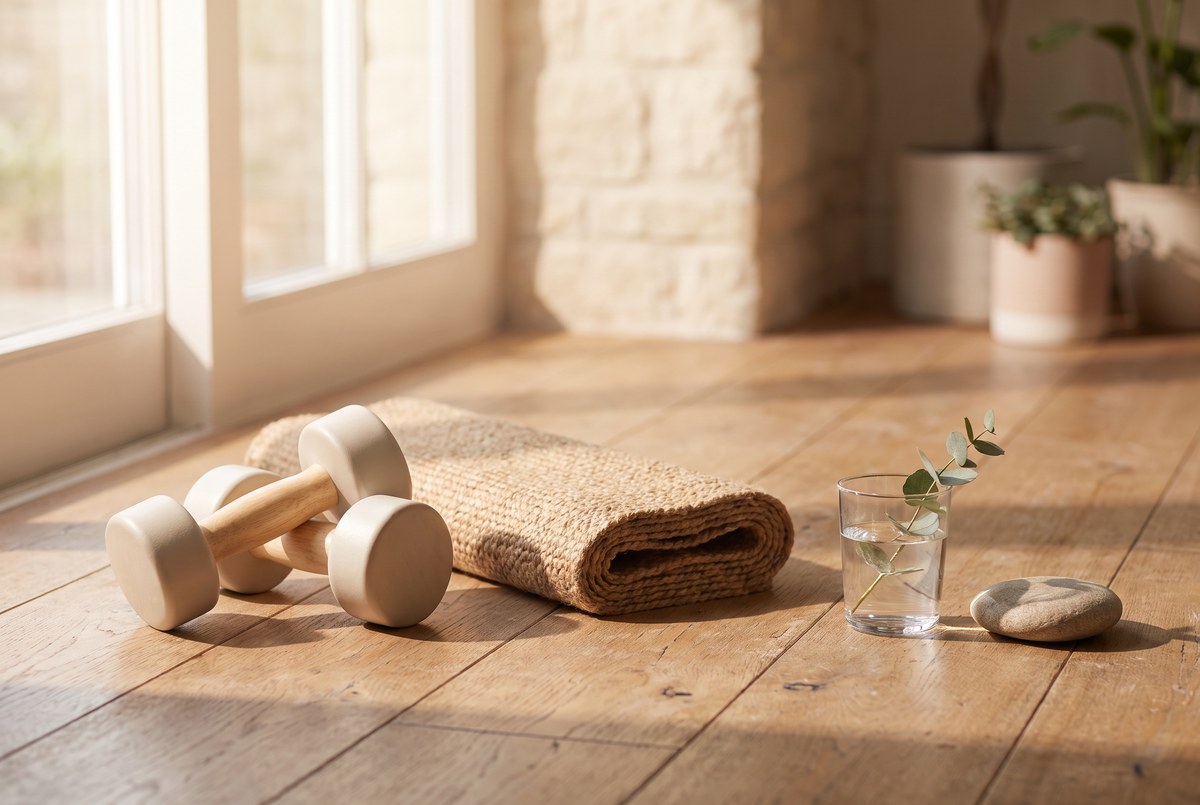 A set of light dumbbells and a folded yoga mat on a sunlit wooden floor beside a glass of water, calm morning light, photographed for Magellan Longevity's review of perimenopause: protecting muscle, bone and sleep.