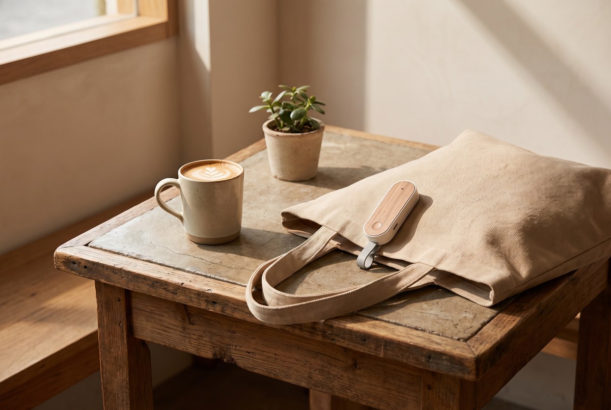 A small unbranded portable air-quality sensor clipped to a canvas tote bag resting on a sunlit café table, warm outdoor light, photographed for Magellan Longevity's review of the number on the little screen: what a personal pm2.5 monitor can and cannot do.