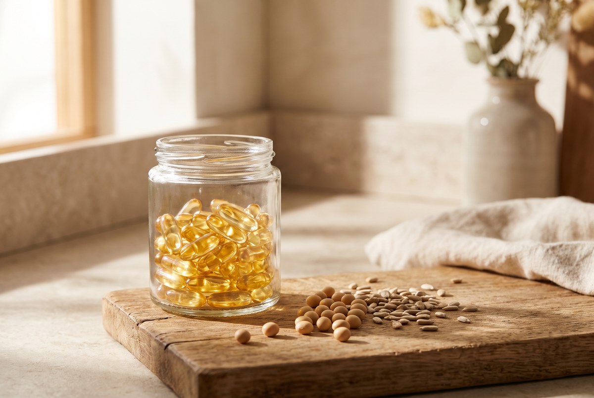 A small glass jar of golden lecithin capsules beside a few soy or sunflower seeds on a wooden board, warm light, photographed for Magellan Longevity's review of the membrane molecule that keeps changing its story.