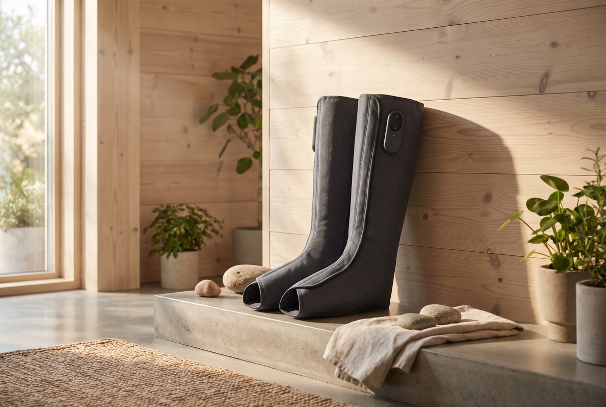 A pair of modern compression recovery boots standing upright against a sunlit wooden wall, soft warm light, clean recovery-room styling, photographed for Magellan Longevity's review of the squeeze: what recovery boots actually recover.