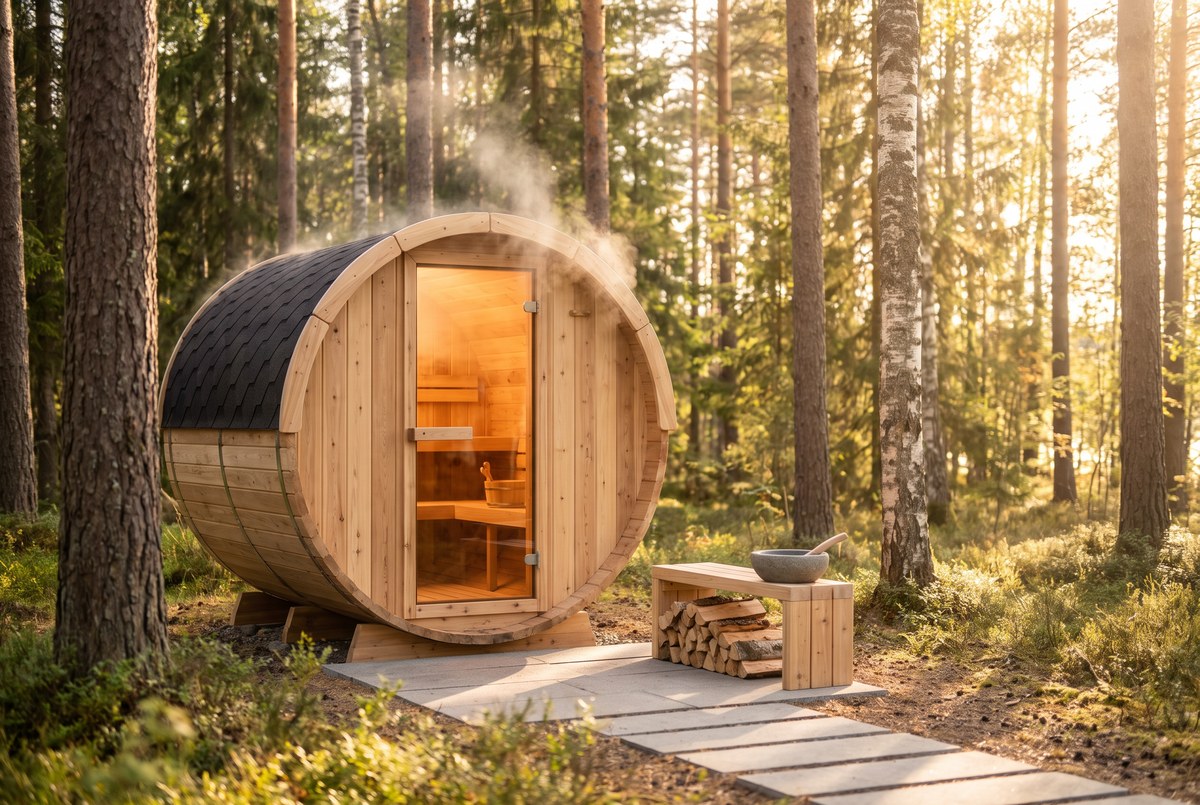 A small wooden barrel sauna glowing warmly from within, steam gently rising, set against a sunlit forest backdrop, cozy golden light, photographed for Magellan Longevity's review of pod company sauna + light bundle: examining the science behind the hype.