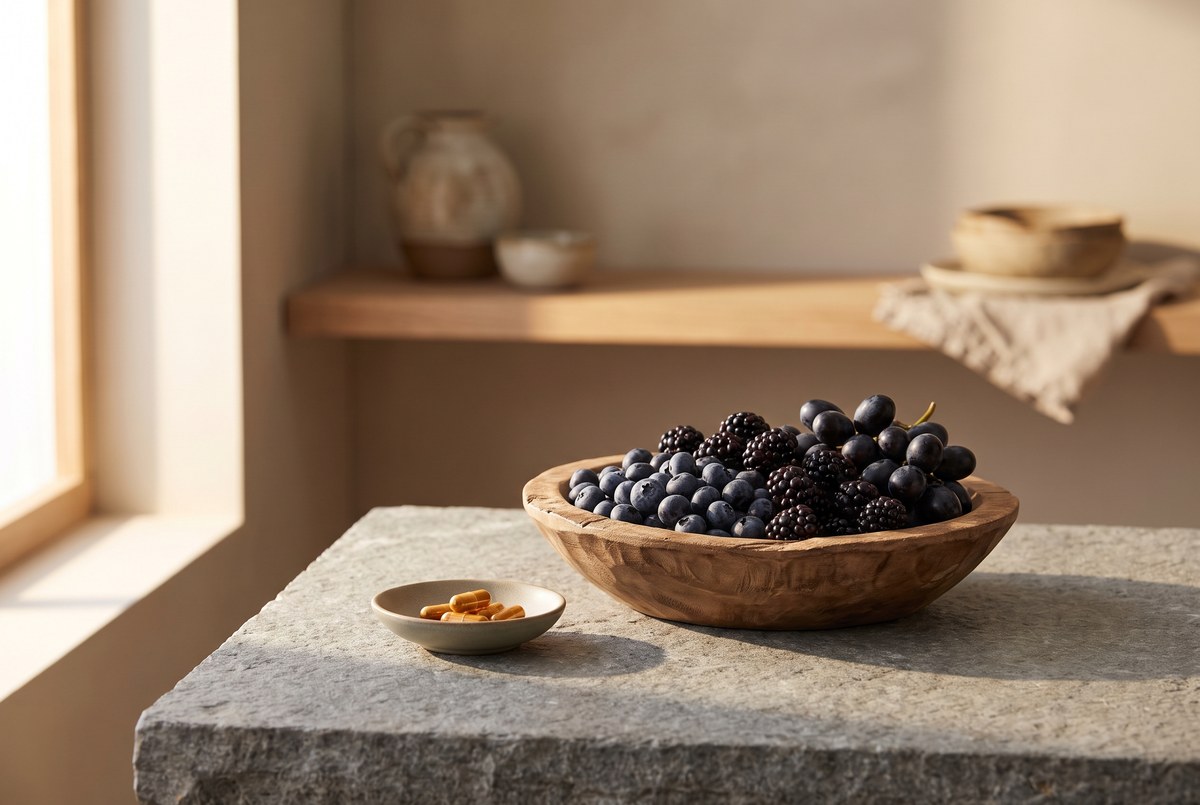 A wooden bowl of mixed dark berries and grapes beside a small dish of capsules on a stone counter, warm rich light, photographed for Magellan Longevity's review of the stackers' favorite family: polyphenols, pills and the long game.