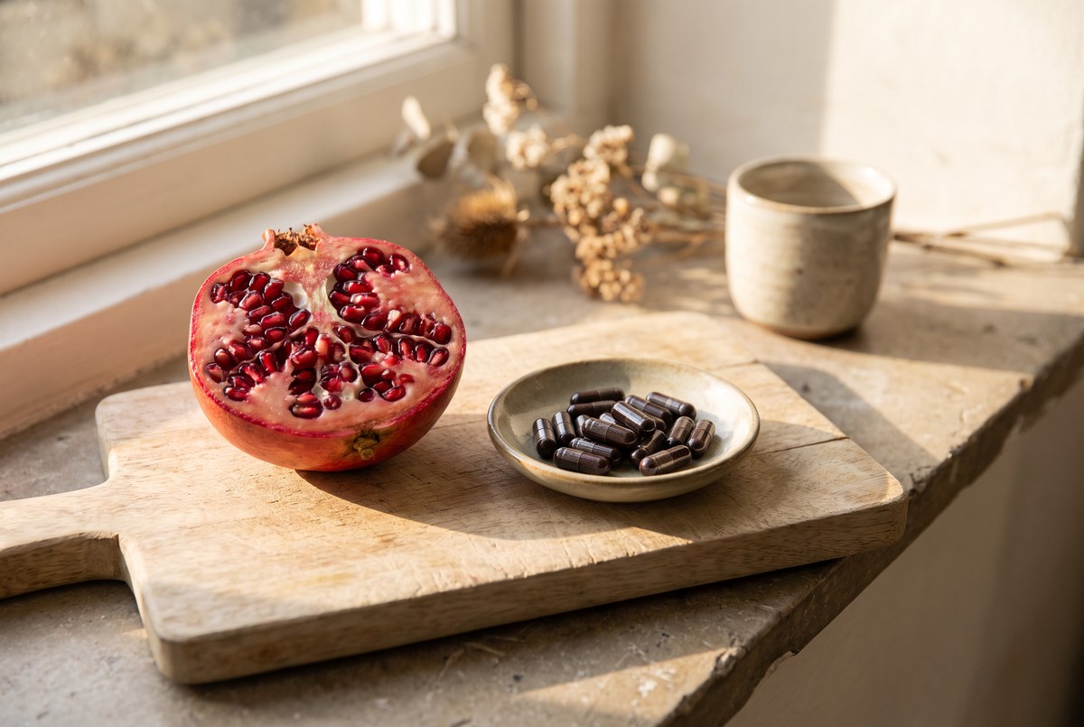 A halved ripe pomegranate with glistening seeds beside a small dish of dark capsules on a wooden board, jewel-toned light, photographed for Magellan Longevity's review of the cell's housekeeping crew, and the hope inside a pomegranate.