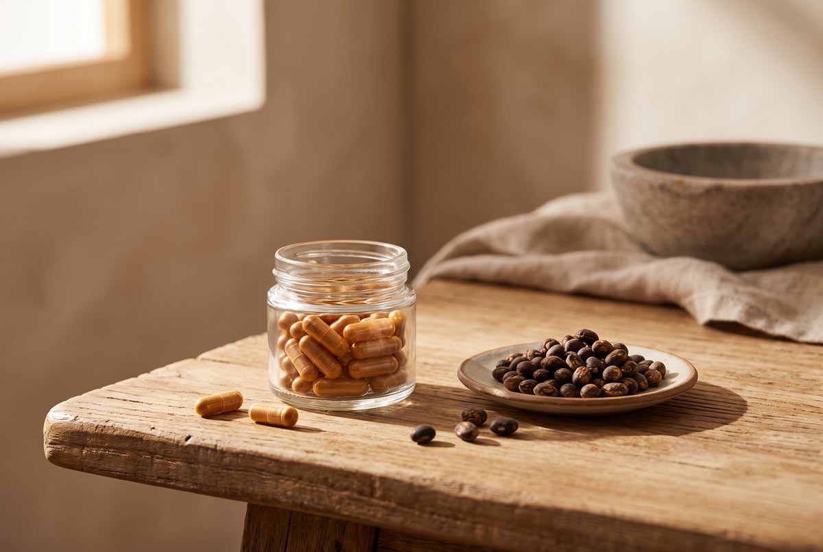 A small glass jar of golden-brown capsules resting beside fermented soybeans on a rustic wooden board, warm earthy light, photographed for Magellan Longevity's review of the soil molecule that biohackers swear builds new mitochondria.
