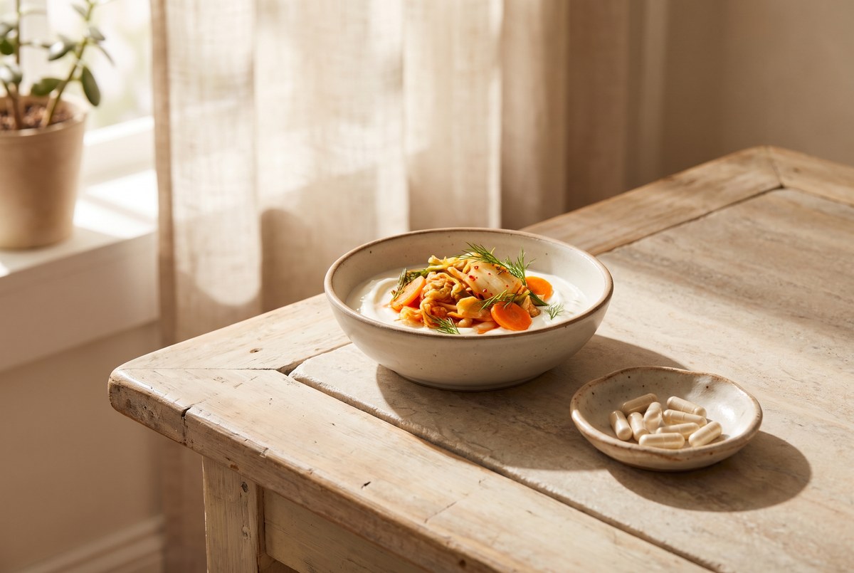 A bowl of yogurt and fermented vegetables beside a small dish of capsules on a rustic wooden table, warm gut-healthy light, photographed for Magellan Longevity's review of fifty billion bacteria walk into a gut: the strain-by-strain truth about probiotics.