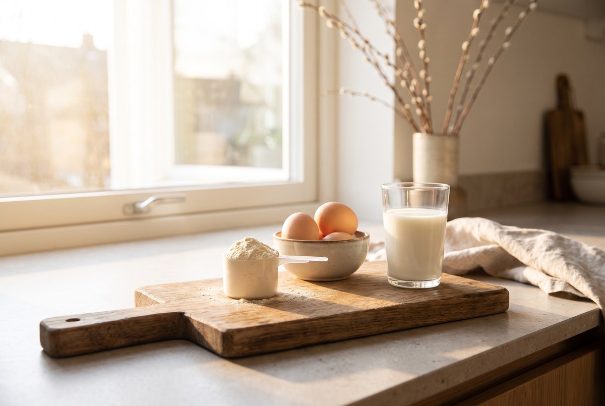 A rustic wooden board with a scoop of pale protein powder, a small bowl of eggs, and a glass of milk, morning kitchen sunlight, clean modern styling, photographed for Magellan Longevity's review of how much protein supports longevity? muscle, mtor, frailty, and the age trade-off.