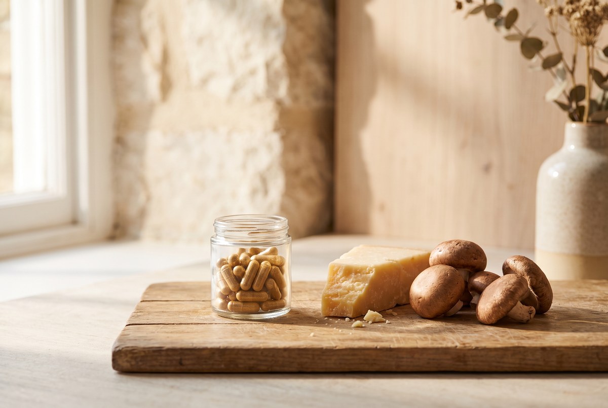 A small glass jar of capsules beside a wedge of aged cheese and mushrooms on a rustic wooden board, warm light, photographed for Magellan Longevity's review of can spermidine supplements like purovitalis improve longevity?.
