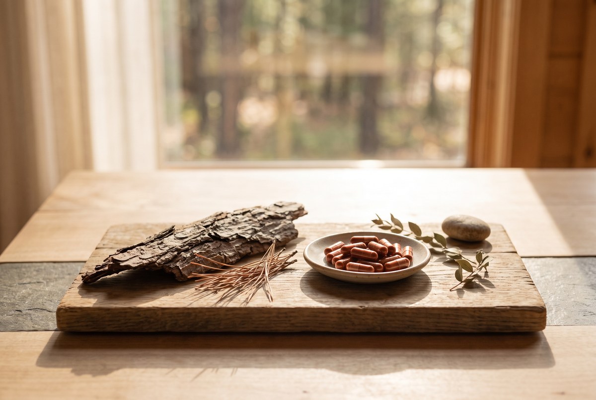 A piece of pine bark and pine needles beside a small dish of reddish-brown capsules on a wooden board, forest light, photographed for Magellan Longevity's review of the pine bark extract that promises better arteries — and the very small numbers behind it.