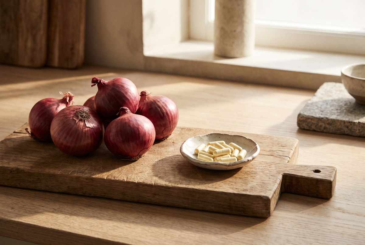 A few whole red onions beside a small dish of pale yellow capsules on a rustic wooden board, warm kitchen light, photographed for Magellan Longevity's review of quercetin: the onion's molecule, the blood-pressure signal, and the senolytic detour.