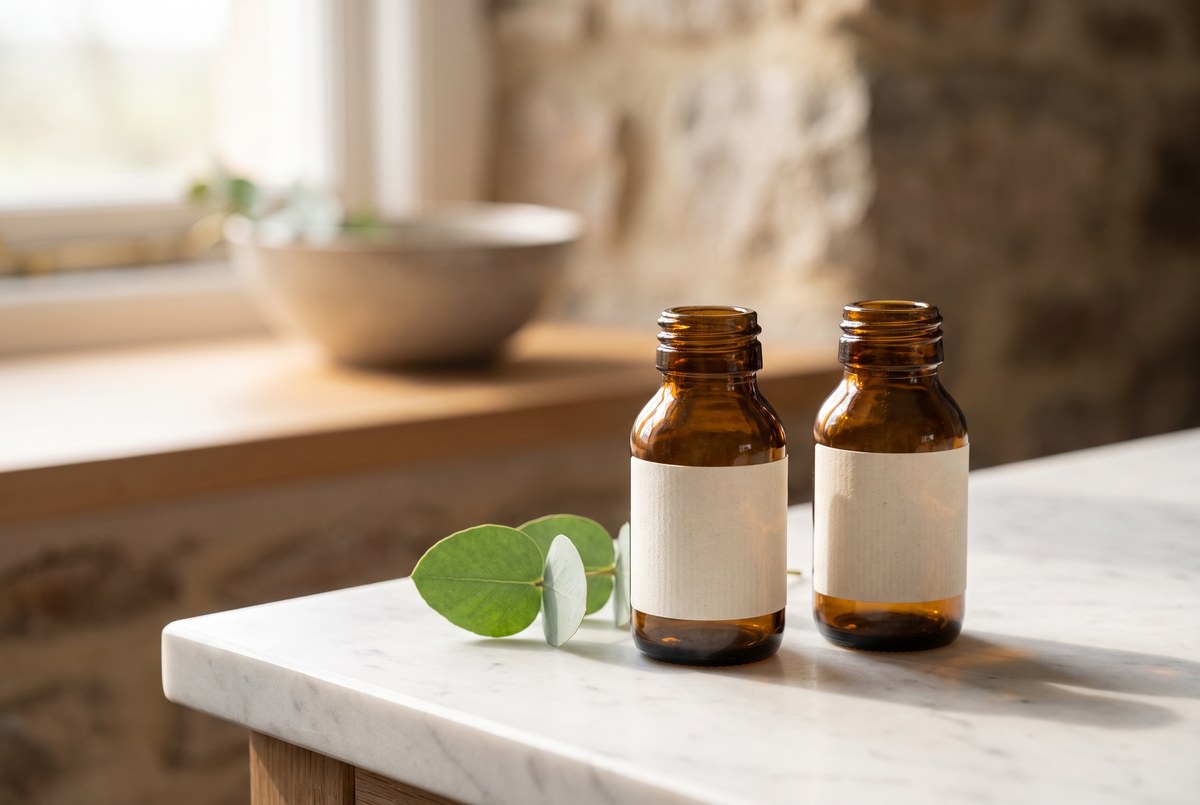 Two small amber glass medicine bottles with blank labels standing on a clean marble counter beside a single green leaf, soft clinical sunlight, photographed for Magellan Longevity's review of rapamycin and metformin: the two drugs longevity scientists watch.