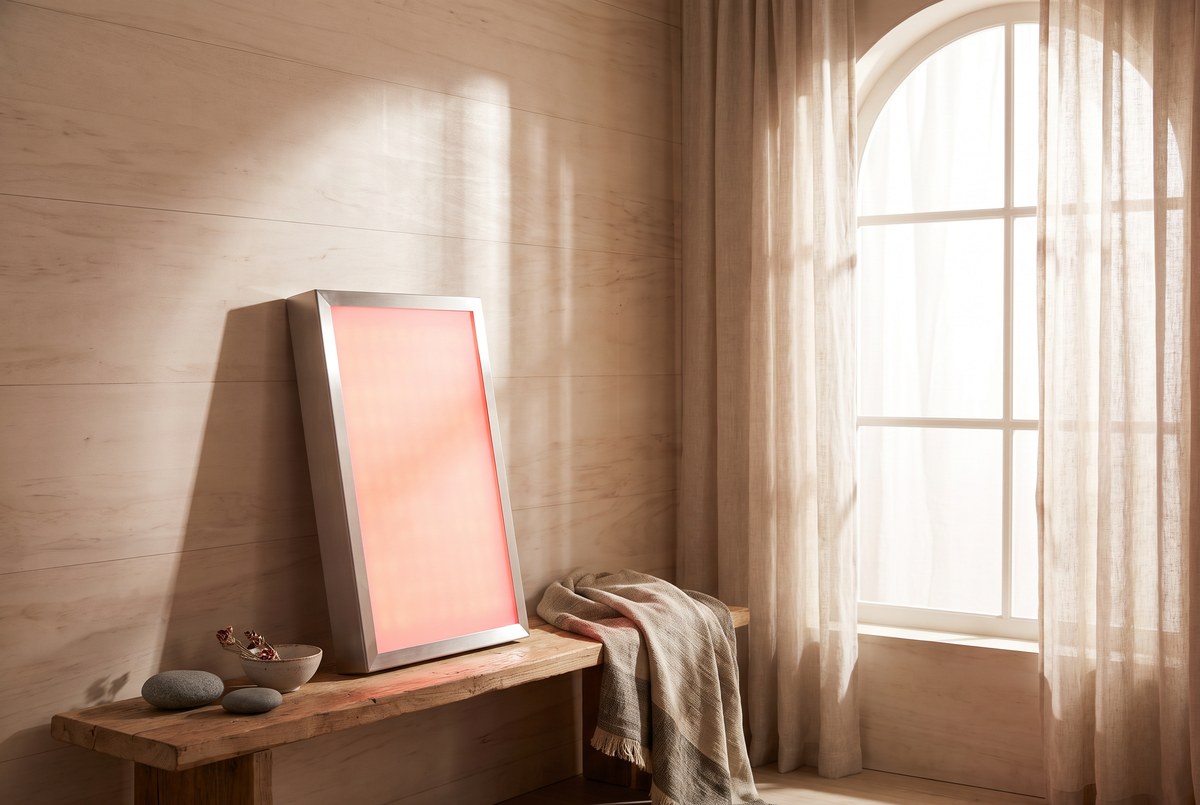 A modern red-light therapy panel glowing warm red in a softly lit wooden-walled room, calm spa atmosphere, gentle ambient light, photographed for Magellan Longevity's review of red light for brain aging: early human signals, no longevity verdict.