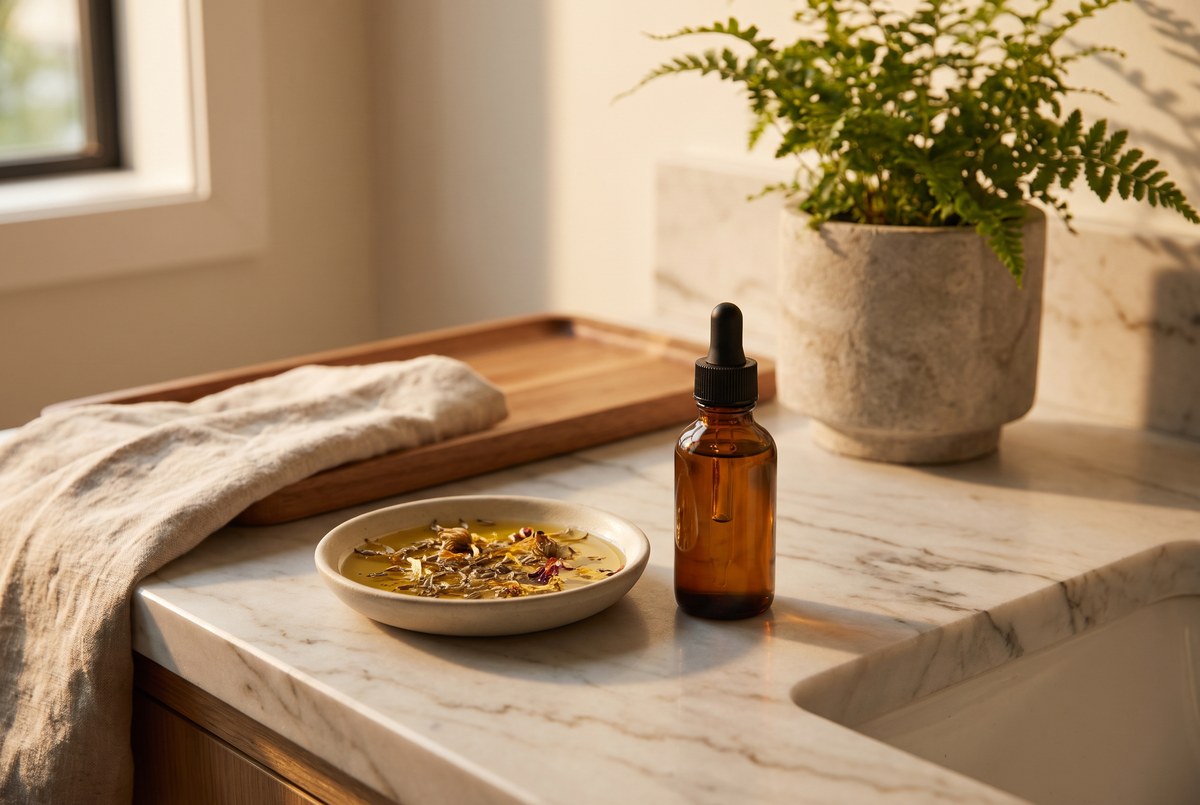 A small amber glass dropper bottle beside a soft dish of botanical oil on a marble bathroom counter, warm evening lamp light, photographed for Magellan Longevity's review of the retinoid that promises tretinoin's power without its punishment.