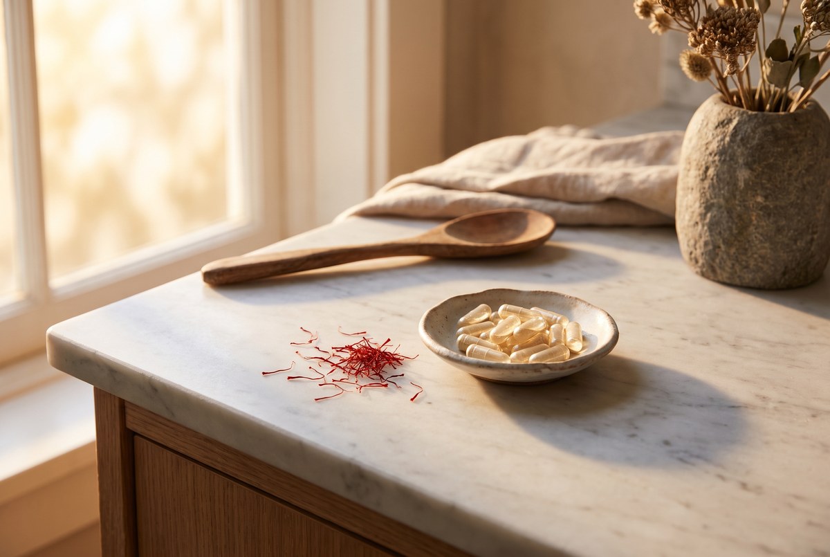 Delicate red saffron threads scattered beside a small dish of capsules on a marble counter, warm golden jewel-toned light, photographed for Magellan Longevity's review of the red threads: what saffron trials actually measure.