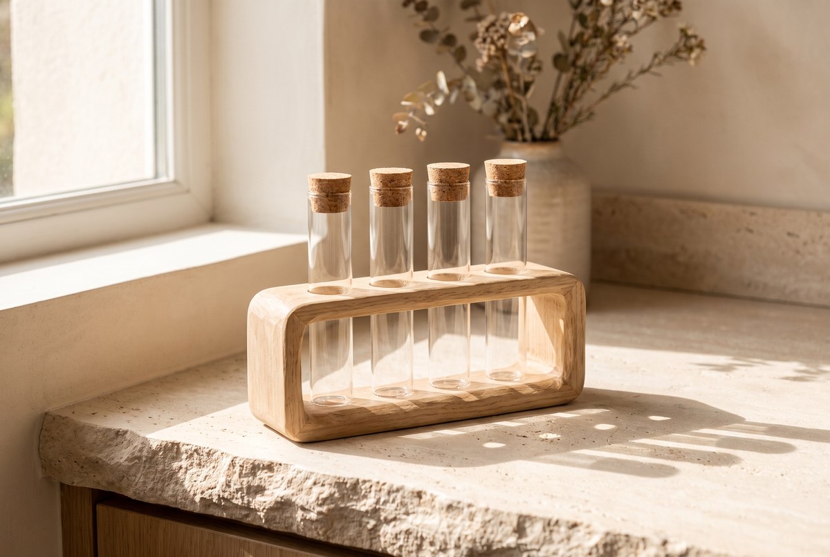 Four small glass collection tubes standing in a wooden rack on a sunlit stone counter, calm minimalist clinical still life, photographed for Magellan Longevity's review of four tubes and a lock of hair: what a cortisol test can actually tell you.