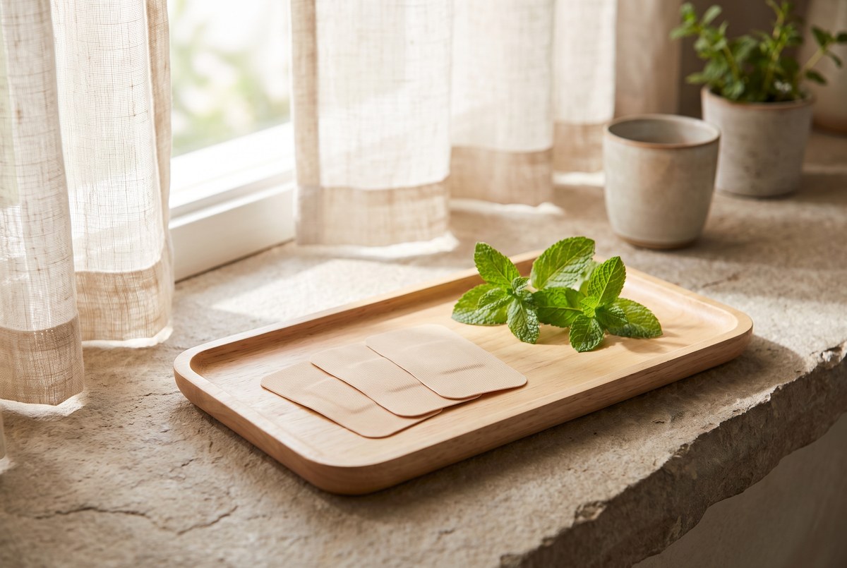A few plain adhesive pain-relief patches arranged neatly on a wooden tray beside a sprig of mint, soft natural light, photographed for Magellan Longevity's review of salonpas pain patch: does it actually work for muscle and joint aches?.