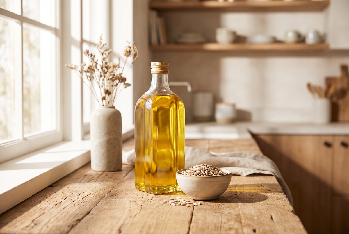 A glass bottle of golden cooking oil beside a small bowl of sunflower seeds on a wooden kitchen counter, warm sunlight, photographed for Magellan Longevity's review of do seed oils cause inflammation? the human evidence behind a viral nutrition war.