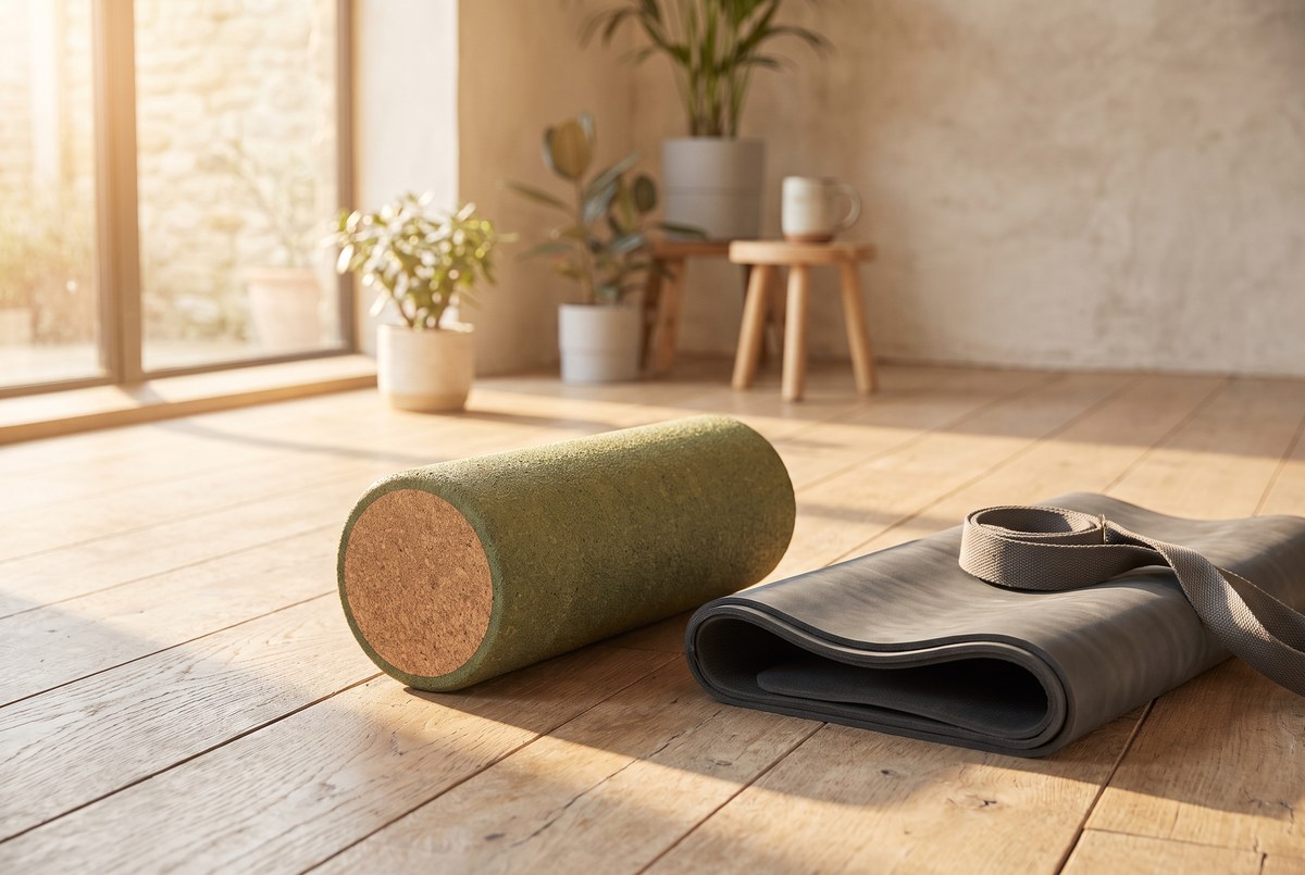 A textured foam roller resting on a wooden studio floor beside a folded yoga mat, warm sunlight streaming across the floor, photographed for Magellan Longevity's review of the foam roller on the living-room floor: what rolling actually does, per the trials.