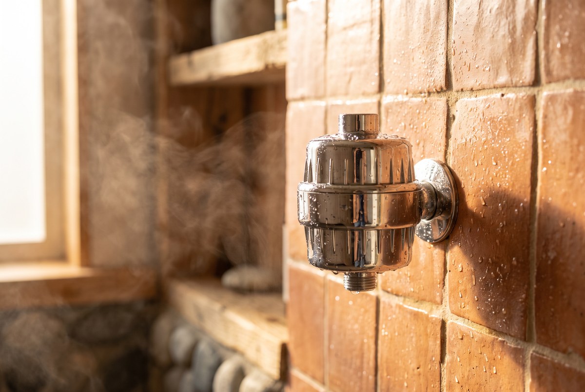A modern chrome shower filter attachment on a rustic tiled shower wall, water droplets catching warm morning light, steam softly rising, photographed for Magellan Longevity's review of the hot shower question: chlorine by-products, a cancer signal, and a filter's untested promise.