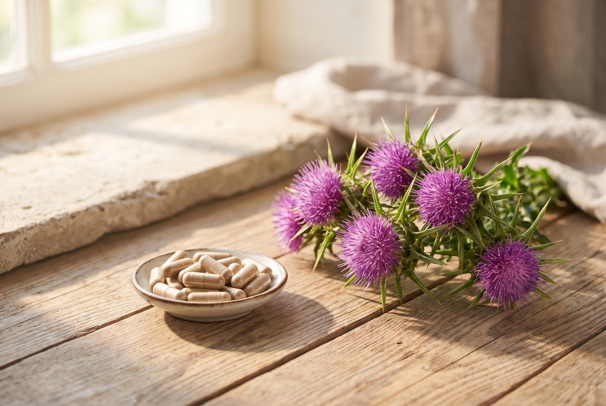 Fresh milk thistle flowers and leaves beside a small dish of capsules on a rustic wooden board, warm natural light, photographed for Magellan Longevity's review of two thousand years of milk thistle, one missing endpoint.
