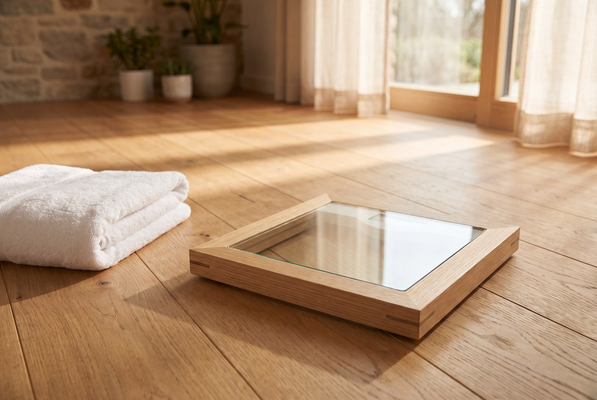 A minimalist wooden-and-glass bathroom scale on a sunlit oak floor, a folded white towel beside it, soft morning light through a window, photographed for Magellan Longevity's review of everything the smart scale is counting — and what it cannot.