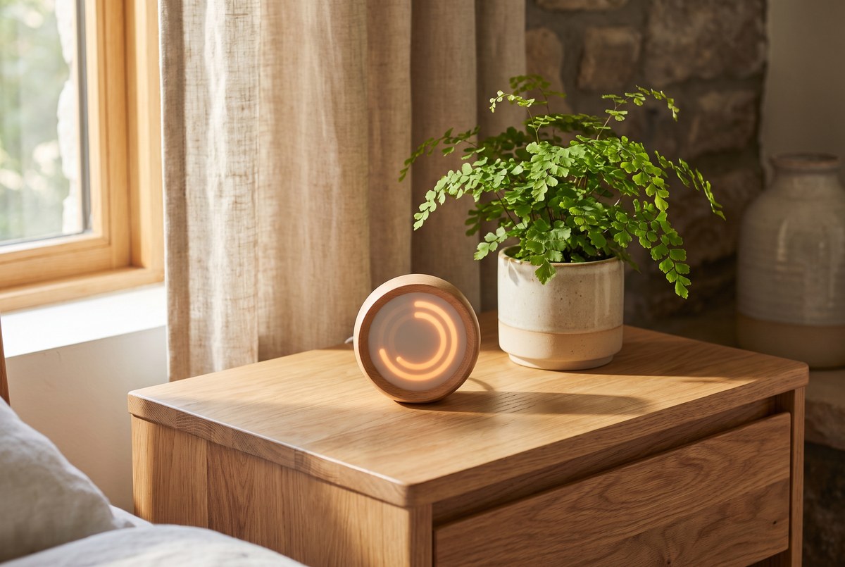 A small round unbranded humidity monitor with a soft glowing display resting on a wooden nightstand beside a small potted fern, warm light, photographed for Magellan Longevity's review of the case for watching a number on your nightstand.