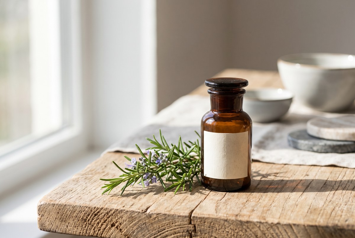 A small amber glass medicine bottle with a blank label resting beside a fresh sprig of rosemary on a wooden table, soft light, photographed for Magellan Longevity's review of do statins cause dementia? the evidence does not support the viral warning.