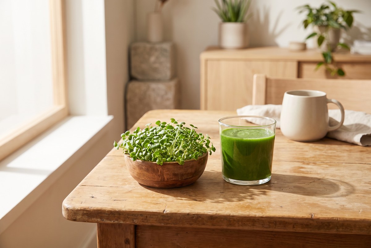 A bunch of fresh broccoli sprouts in a small wooden bowl beside a glass of green juice, bright fresh morning light, photographed for Magellan Longevity's review of sulforaphane and nrf2: promising biology, mixed human results.