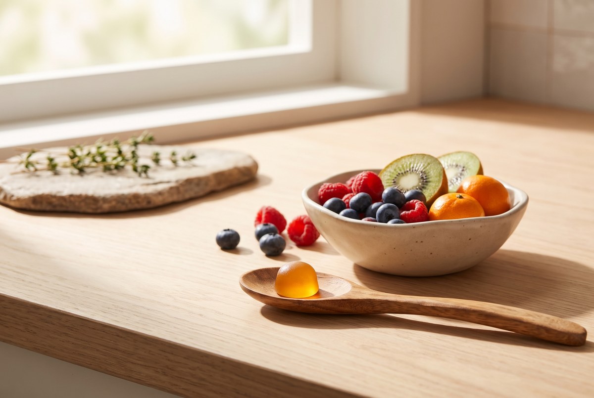 A single clear gummy vitamin resting on a wooden spoon beside scattered colorful fruit, soft warm playful light, photographed for Magellan Longevity's review of seven ingredients walk into a gummy.