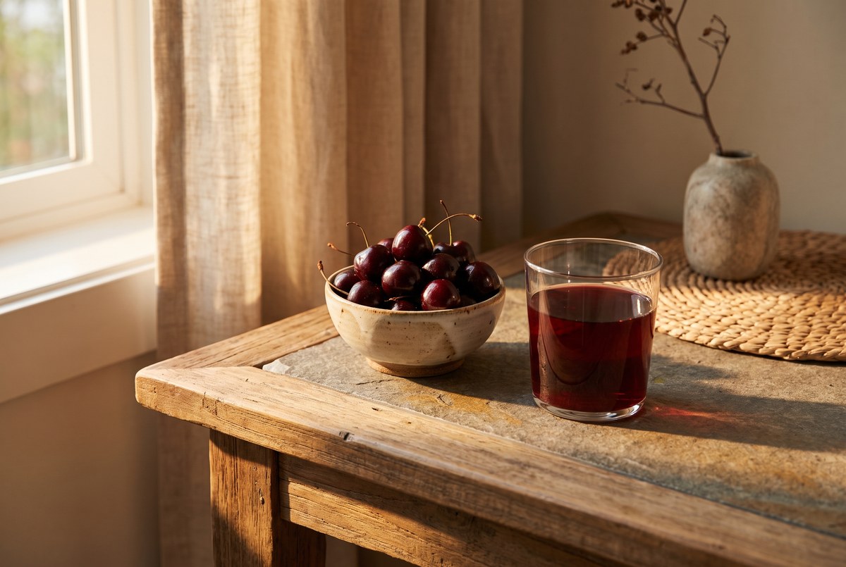 A small bowl of fresh dark cherries beside a glass of deep red cherry juice on a wooden nightstand, warm evening light, photographed for Magellan Longevity's review of three a.m.: the tart cherry promise and the science of a sleepless ceiling.