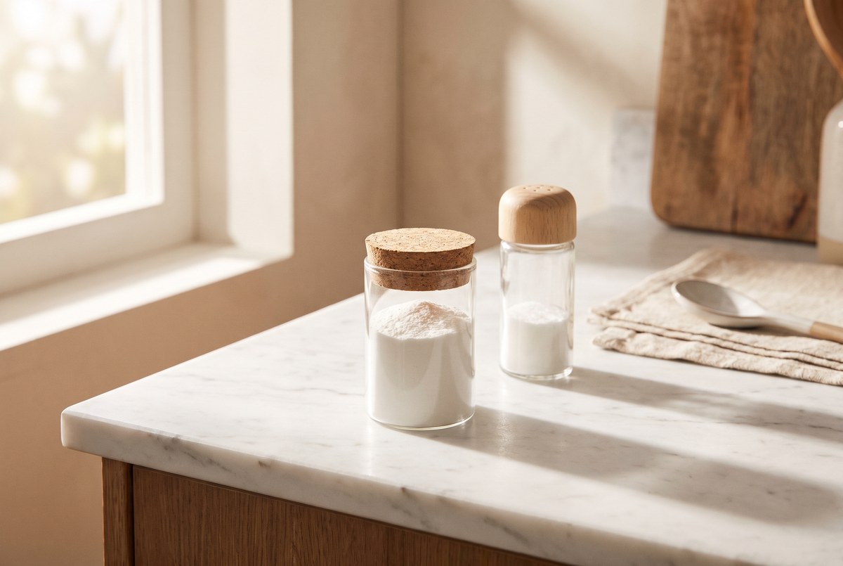 A small glass jar of fine white powder resting beside a glass shaker on a marble counter, clean bright morning light, photographed for Magellan Longevity's review of taurine and aging: a striking animal study, and why humans need to wait.