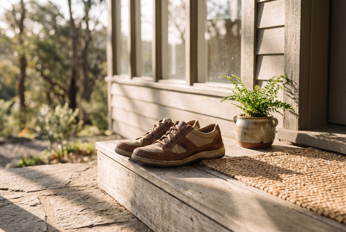 A pair of worn walking shoes resting on a sunlit wooden porch step, morning light, calm outdoor scene, photographed for Magellan Longevity's review of 10,000 steps is not a biological threshold.