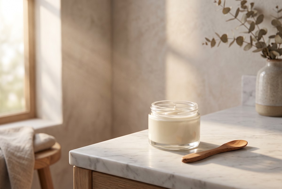 An open jar of pale cream with a small spatula resting beside it on a marble counter, soft warm bathroom light, photographed for Magellan Longevity's review of the universal antioxidant, applied to half a face.